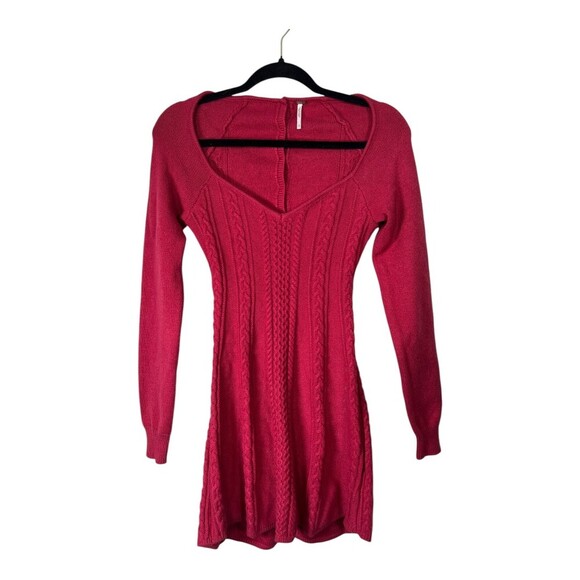 Free People Red V-Neck Cable Knit Sweater Mini Dress Size Small - Picture 2 of 7